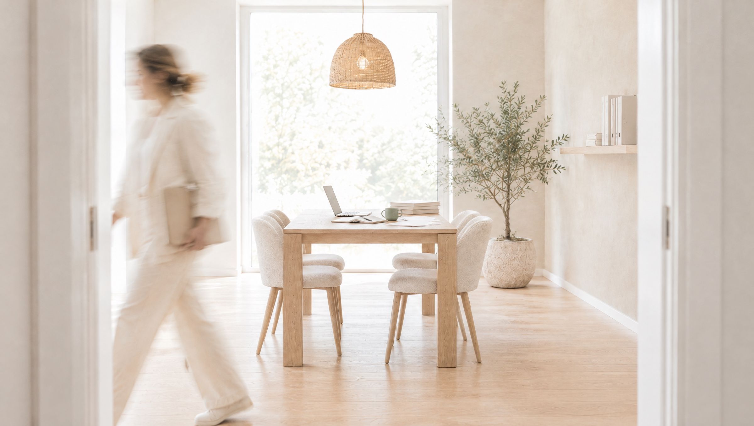 Blick durch eine offene Tür in ein helles Büro mit Arbeitstisch und Laptop, eine Person geht verschwommen vorbei